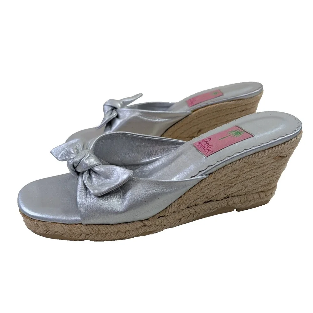 Lilly Pulitzer Wedge‎ Sandal Womens 9 Silver Espadrille Preppy Feminine Resort